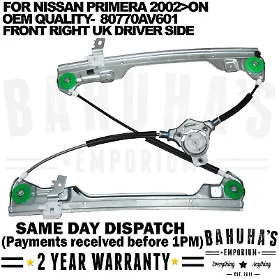 £27 • Buy For Nissan Primera P12 Electric Window Regulator Front Right Drivers 2002>on New